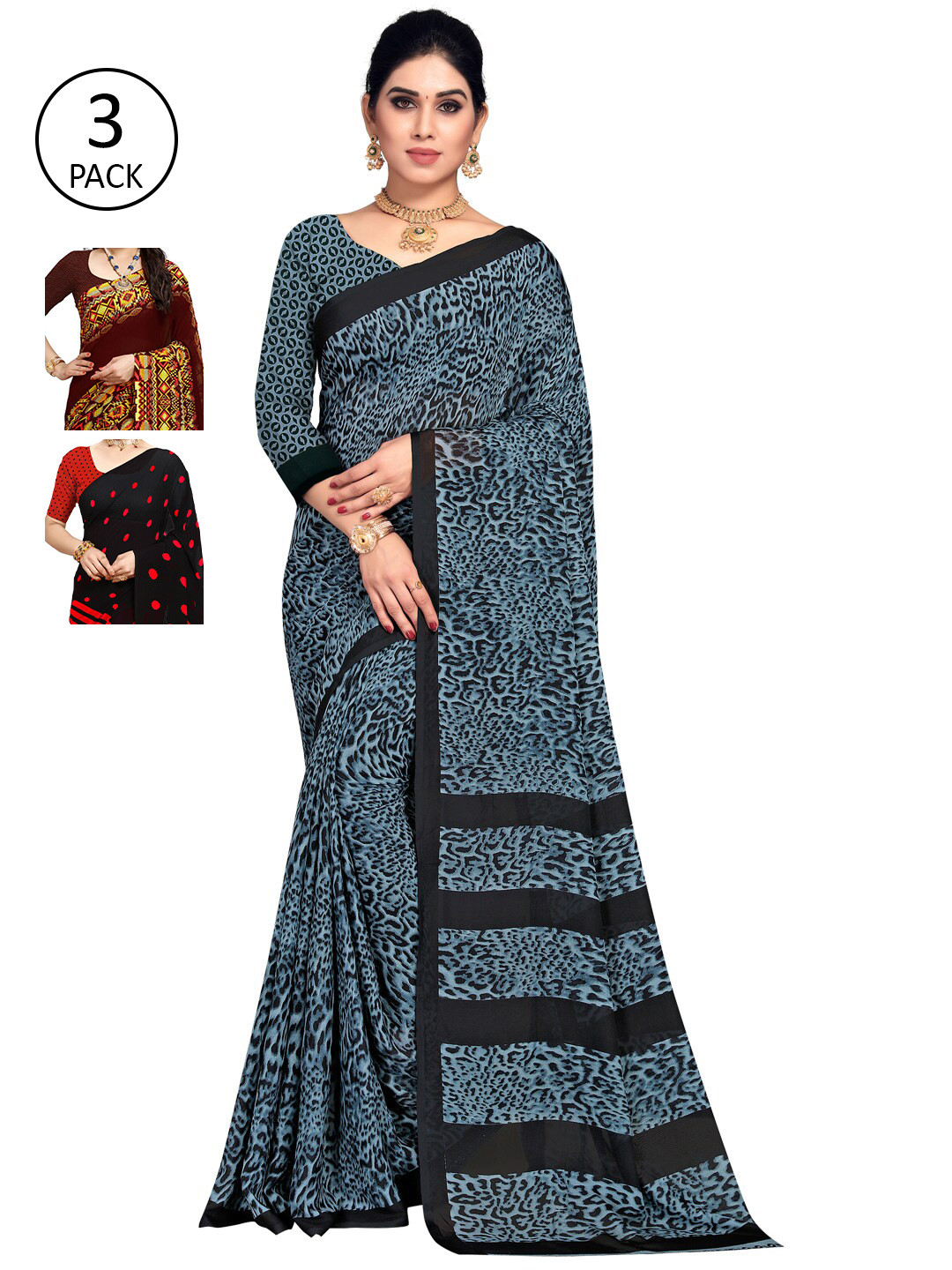 

KALINI Blue & Red Pack of 3 Printed Saree