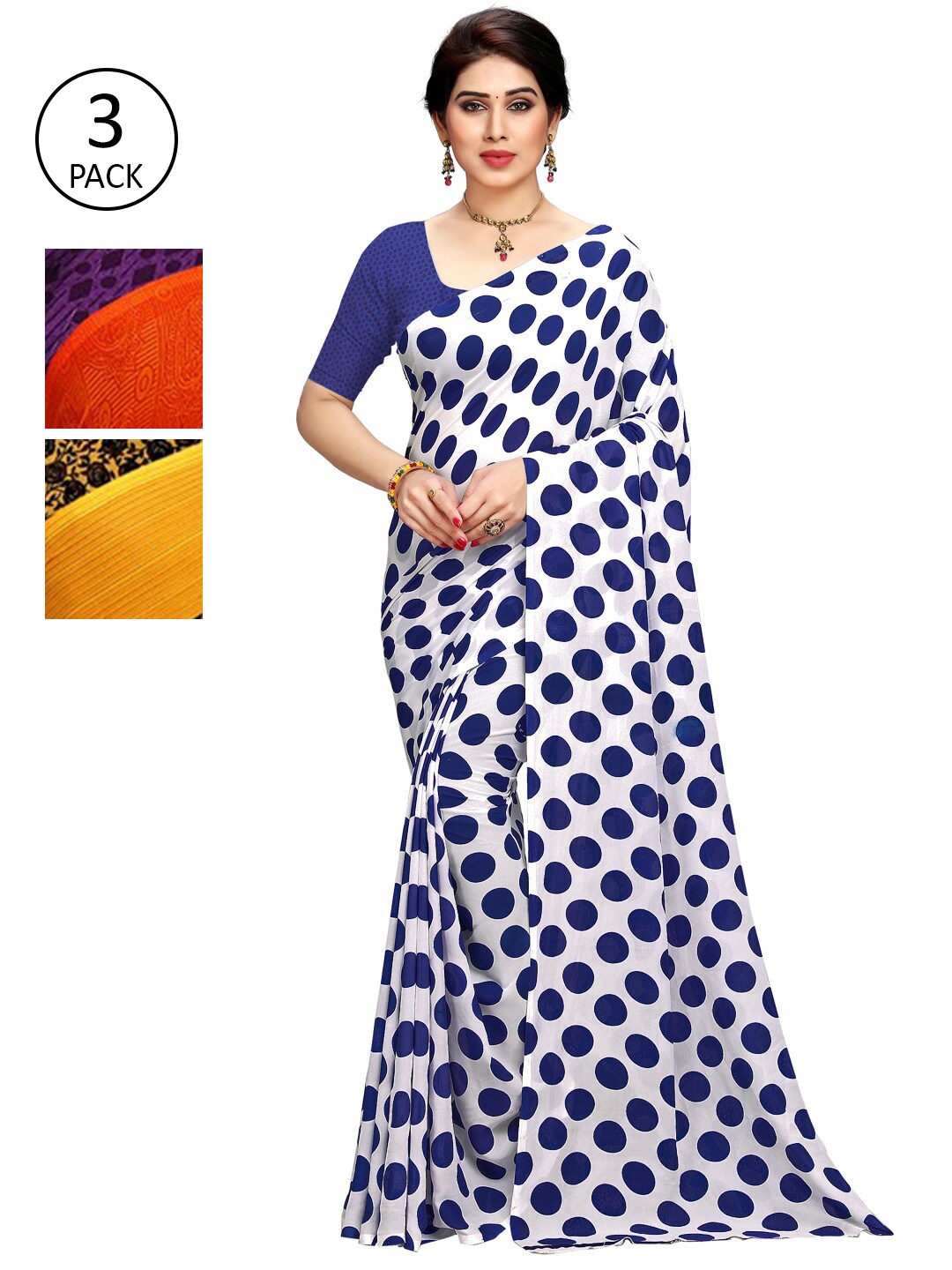 

KALINI Pack of 3 Poly Georgette Sarees, White