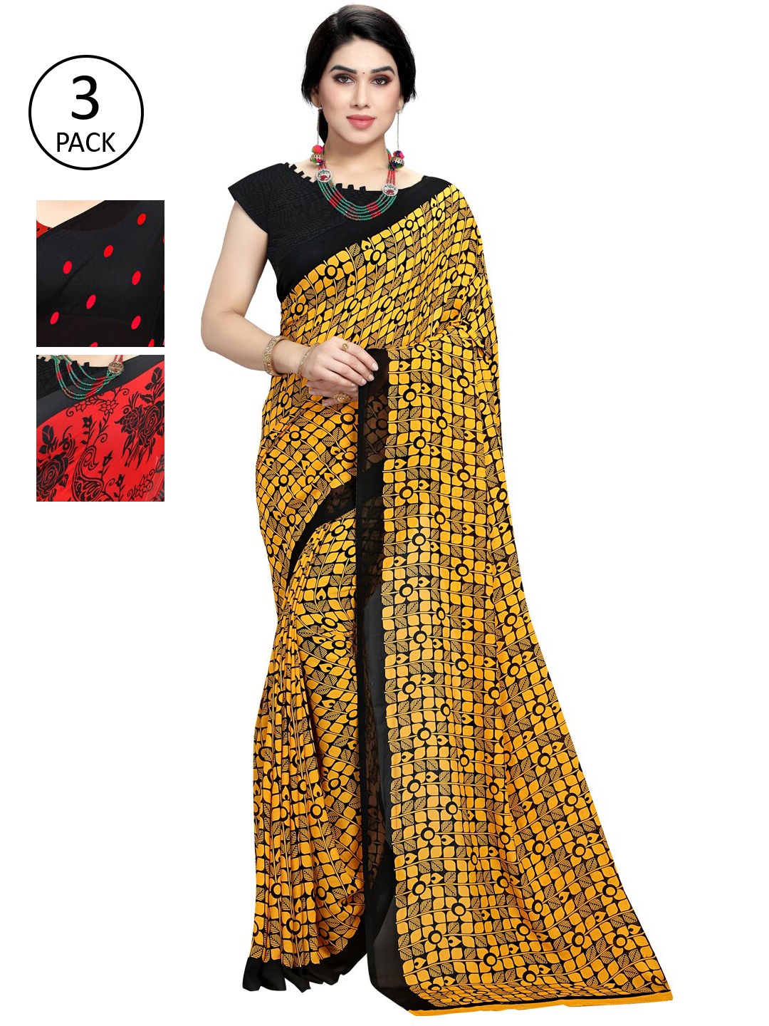 

KALINI Pack Of 3 Multicoloured Poly Georgette Sarees, Multi