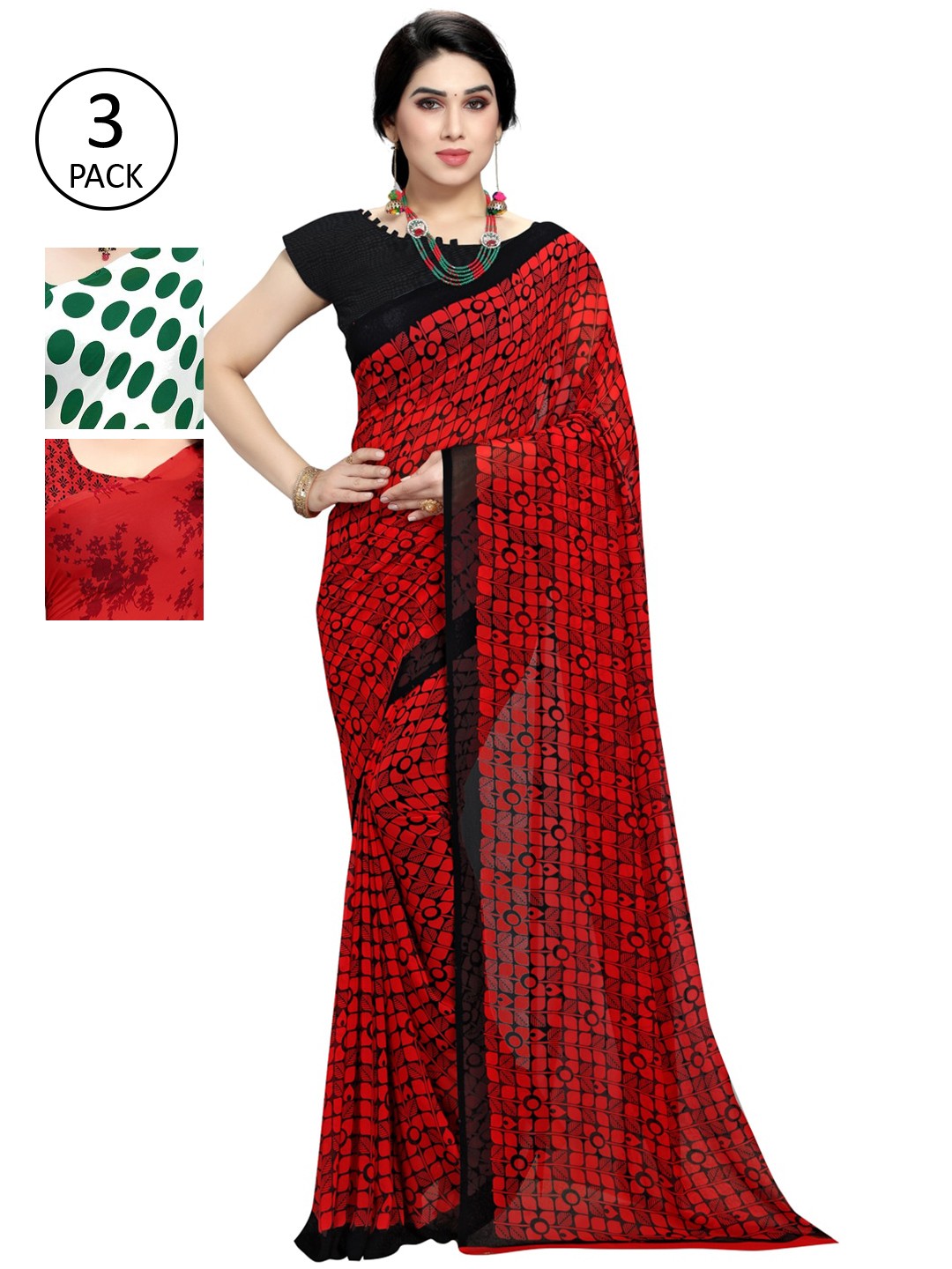 

KALINI Women Pack of 3 Printed Poly Georgette Sarees, Green