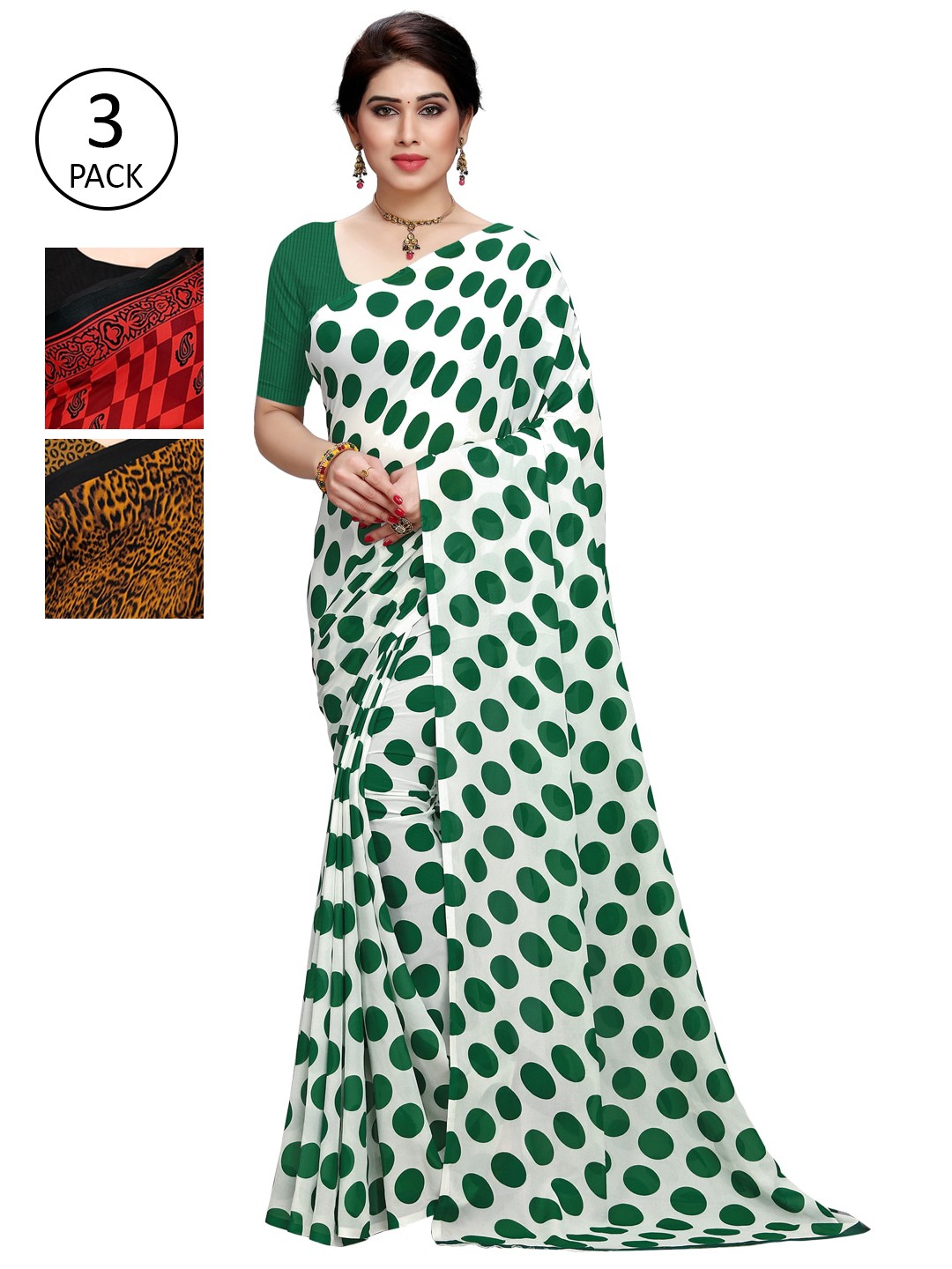 

KALINI Pack of 3 Poly Georgette Sarees, Green