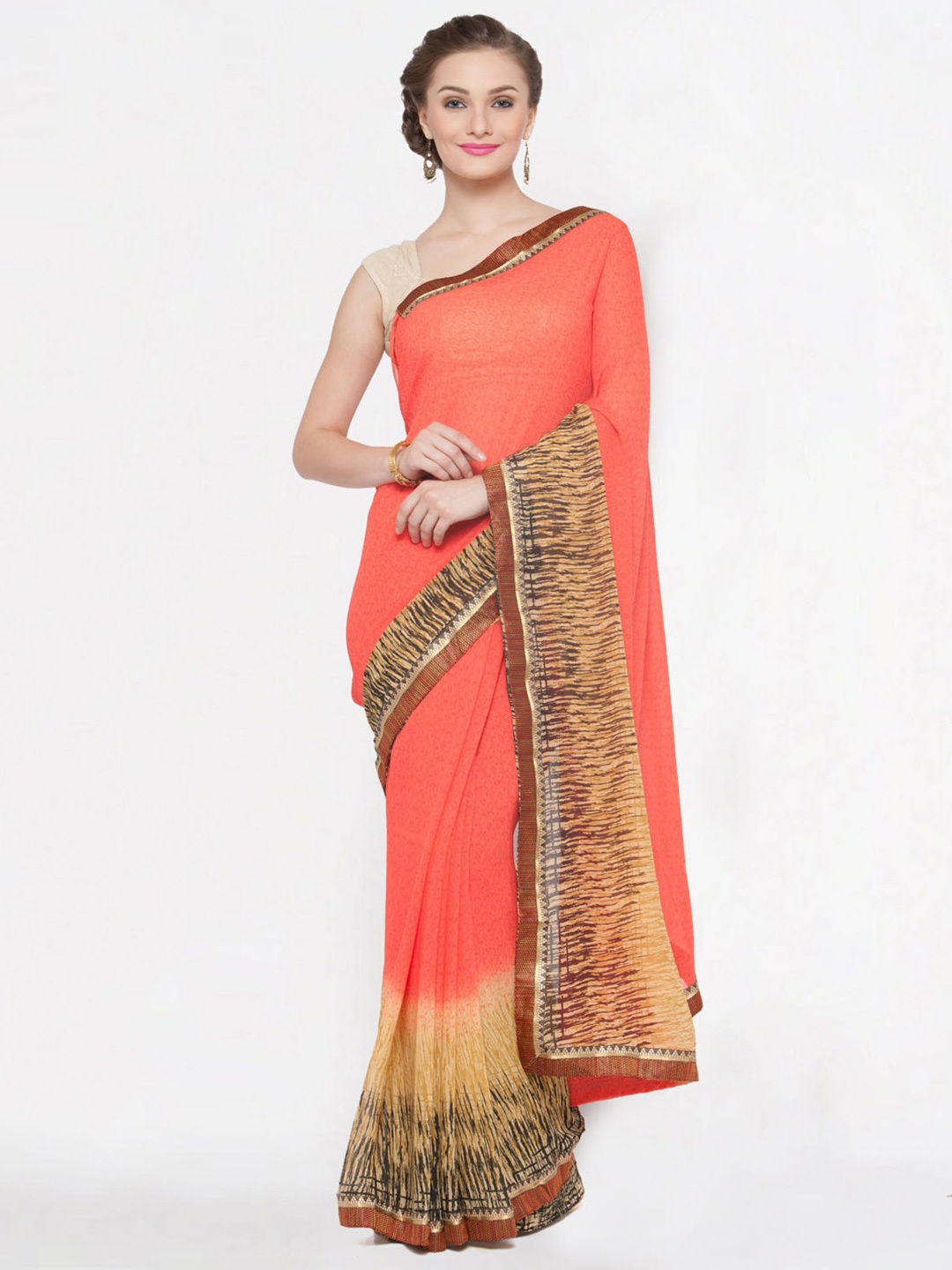 

Kvsfab Orange & Brown Bagh Saree