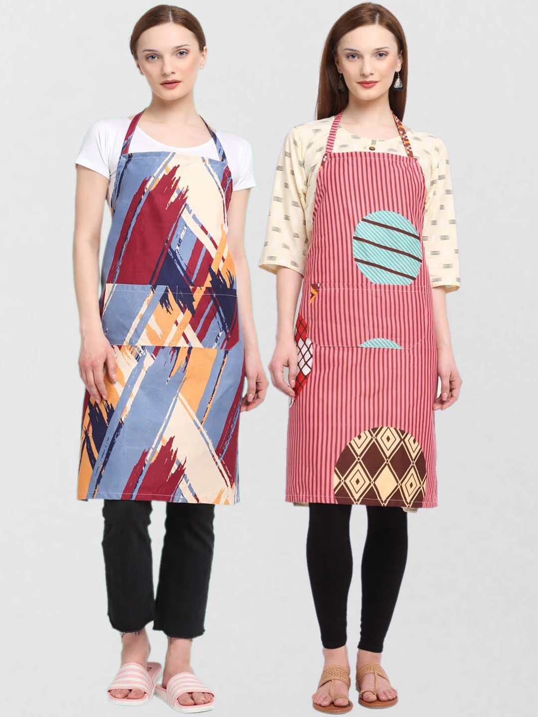 KLOTTHE Unisex Pack Of 2 Printed 210TC Cotton Aprons, Pink