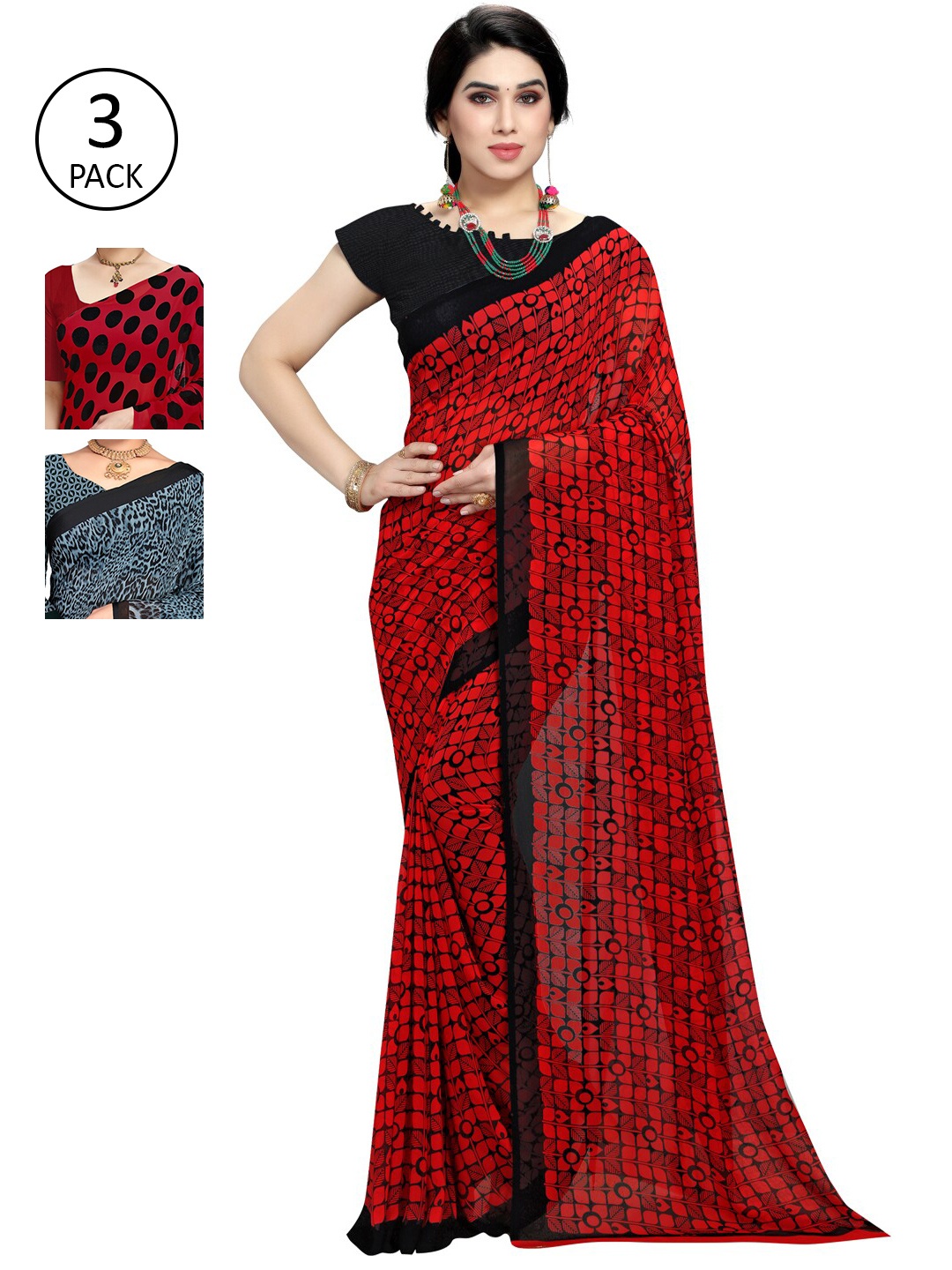 KALINI Pack Of 3 Poly Georgette Sarees, Red