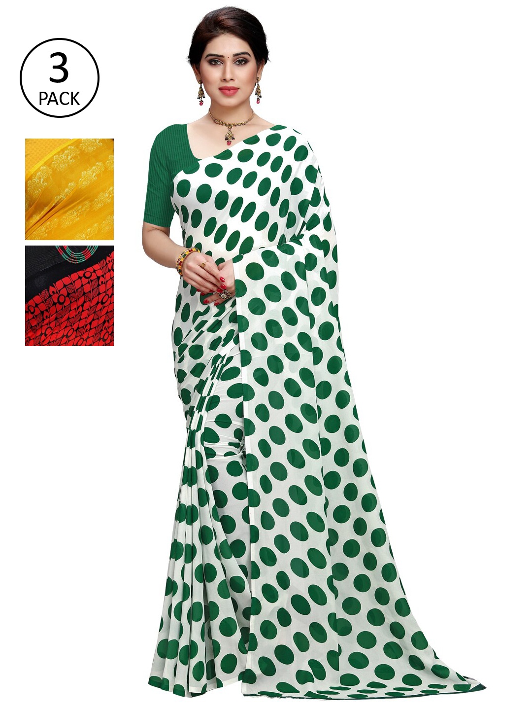 

KALINI Women Pack of 3 Printed Poly Georgette Sarees, White