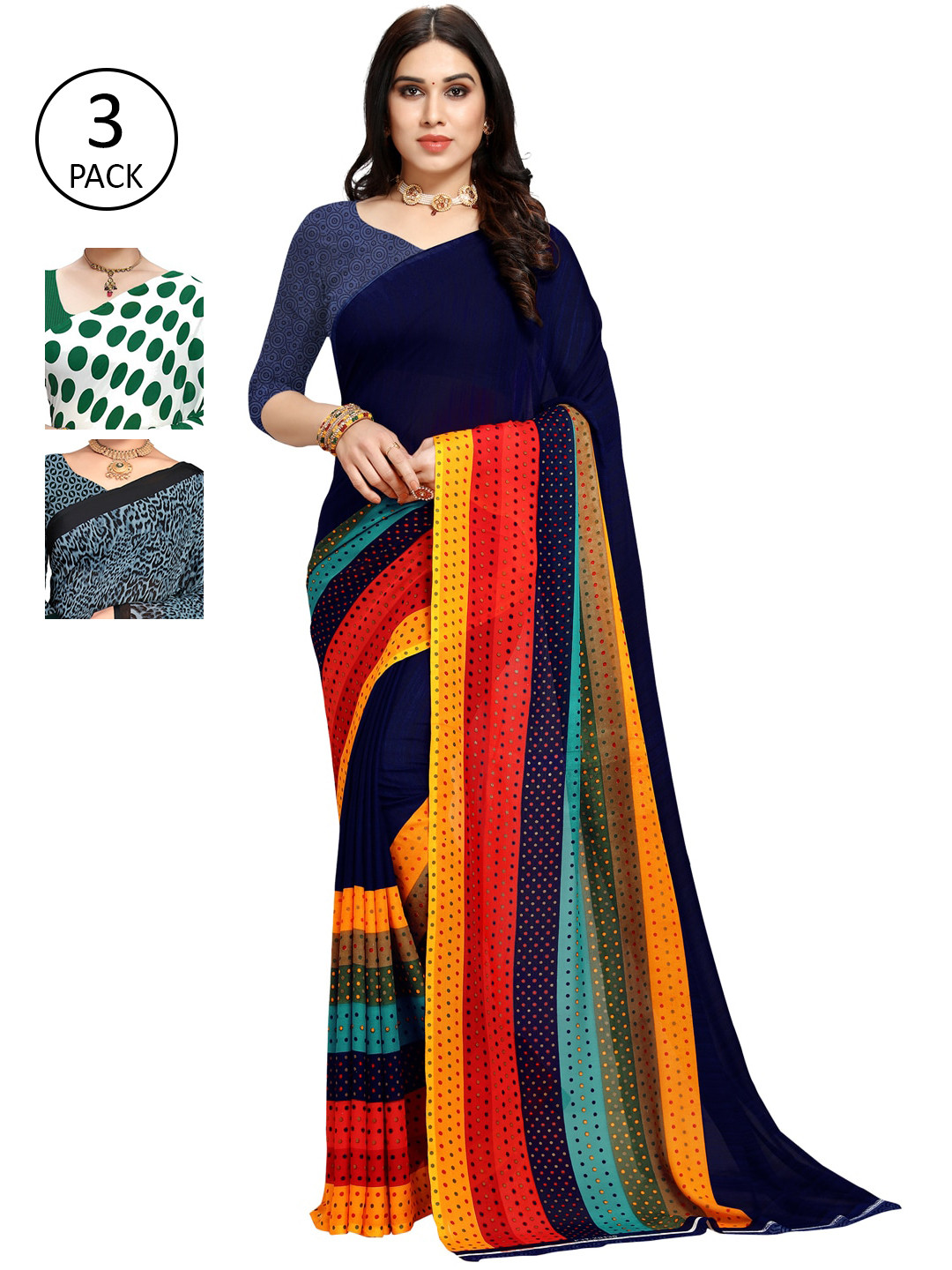 

KALINI Multicoloured Set of 3 Poly Georgette Saree, Multi