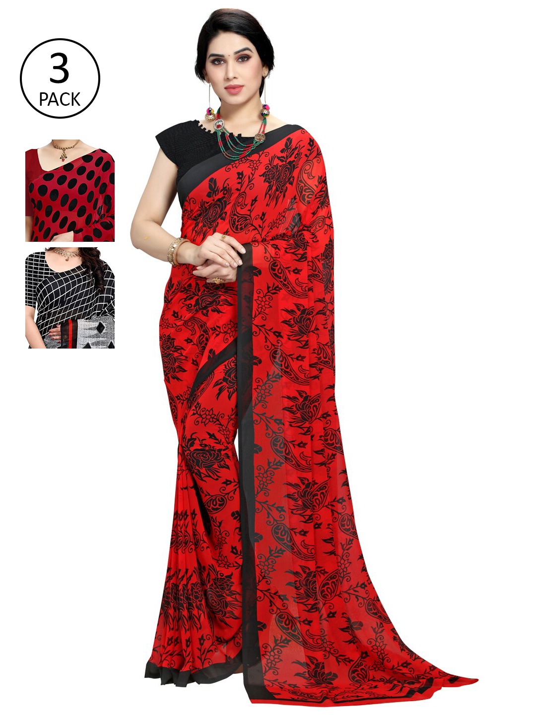

KALINI Pack Of 3 Red & Black Saree