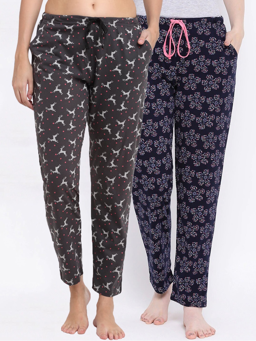 

Kanvin Women Pack Of 2 Charcoal Coloured & Navy Blue Printed Pure Cotton Lounge Pants