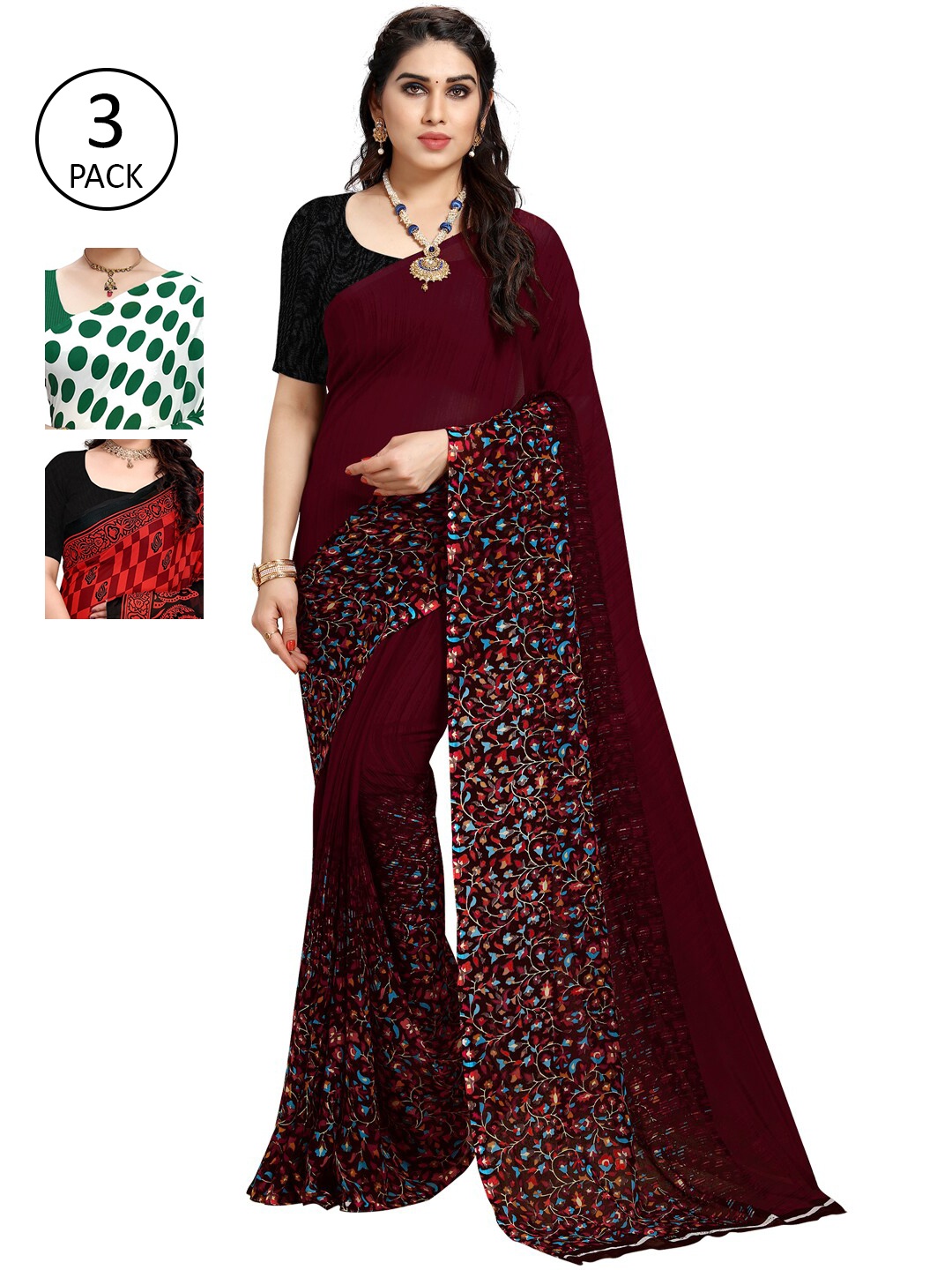 

KALINI Pack Of 3 Poly Georgette Sarees, White
