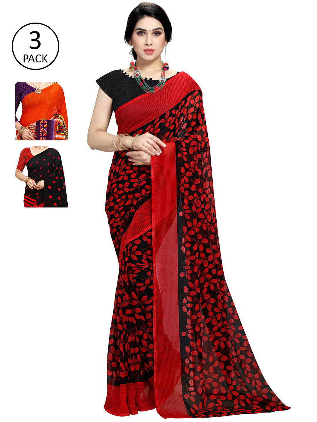 

KALINI Women Pack of 3 Printed Sarees, Red