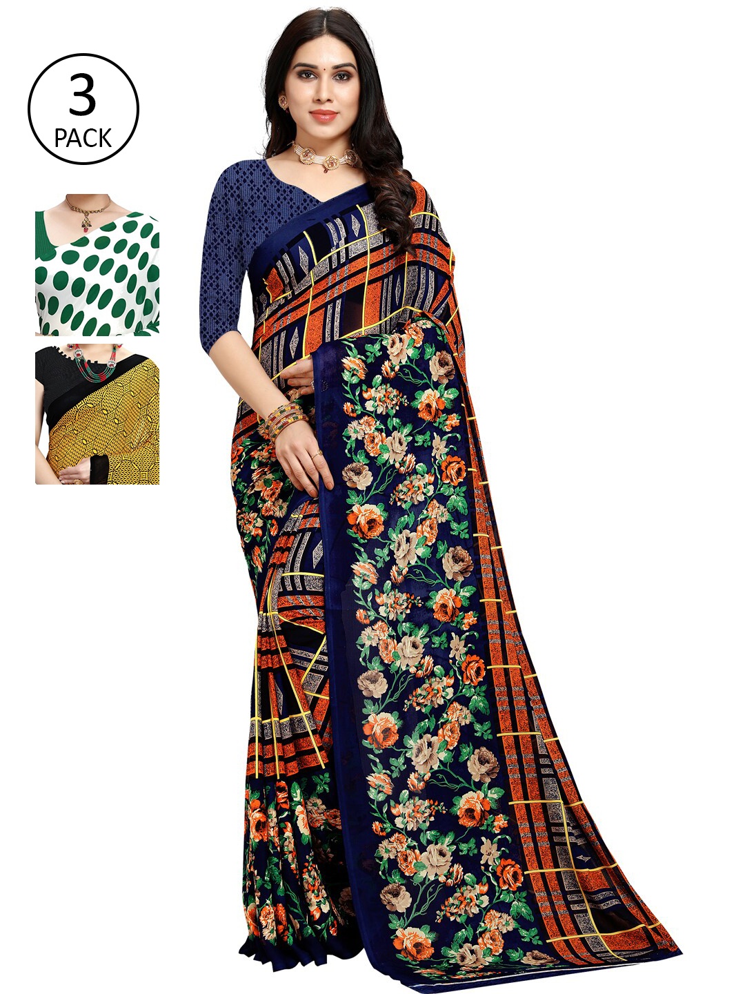 

KALINI Pack Of 3 Poly Georgette Printed Sarees, Green