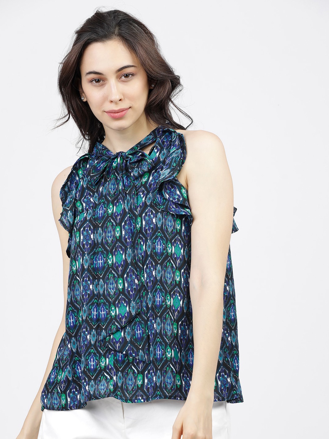 

Tokyo Talkies Black Geometric Tie-Up Neck Regular Top