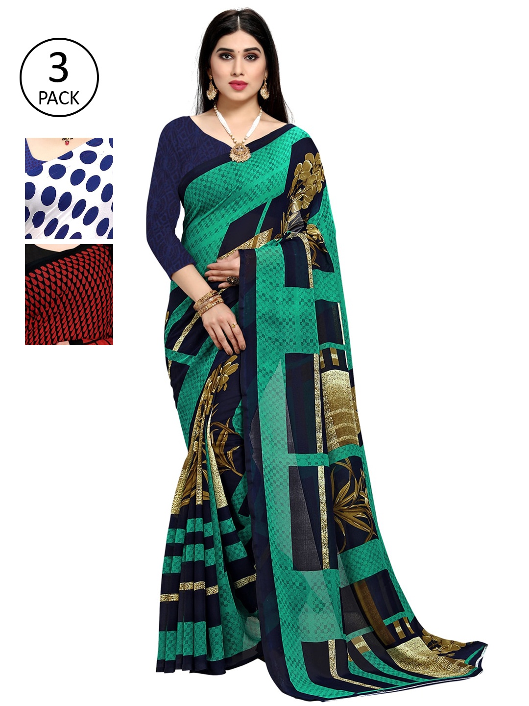 

KALINI Women Pack Of 3 Printed Sarees, Blue