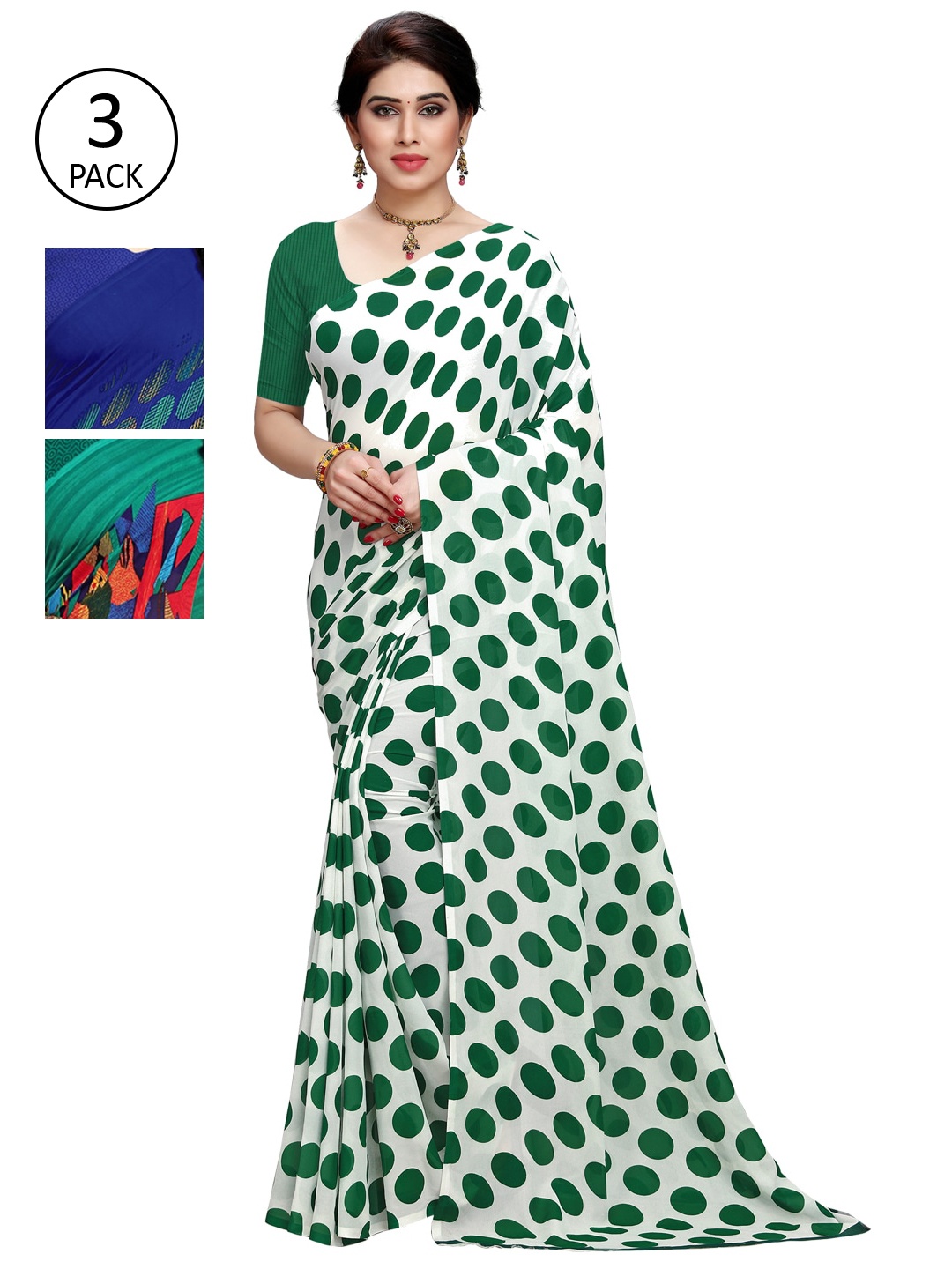 

KALINI Blue & Green Pack of 3 Printed Saree
