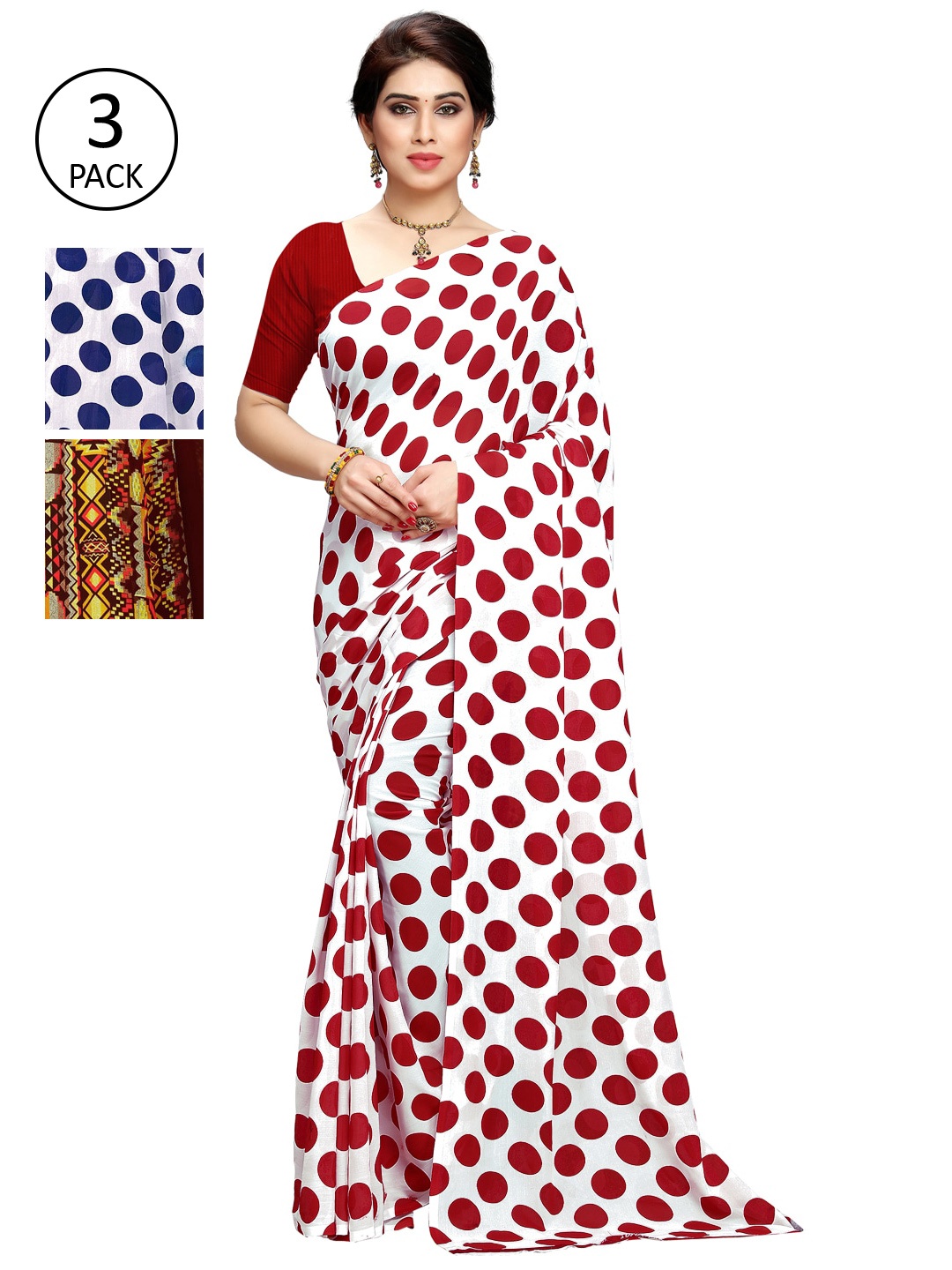 

KALINI Women Pack of 3 Printed Poly Georgette Sarees, White