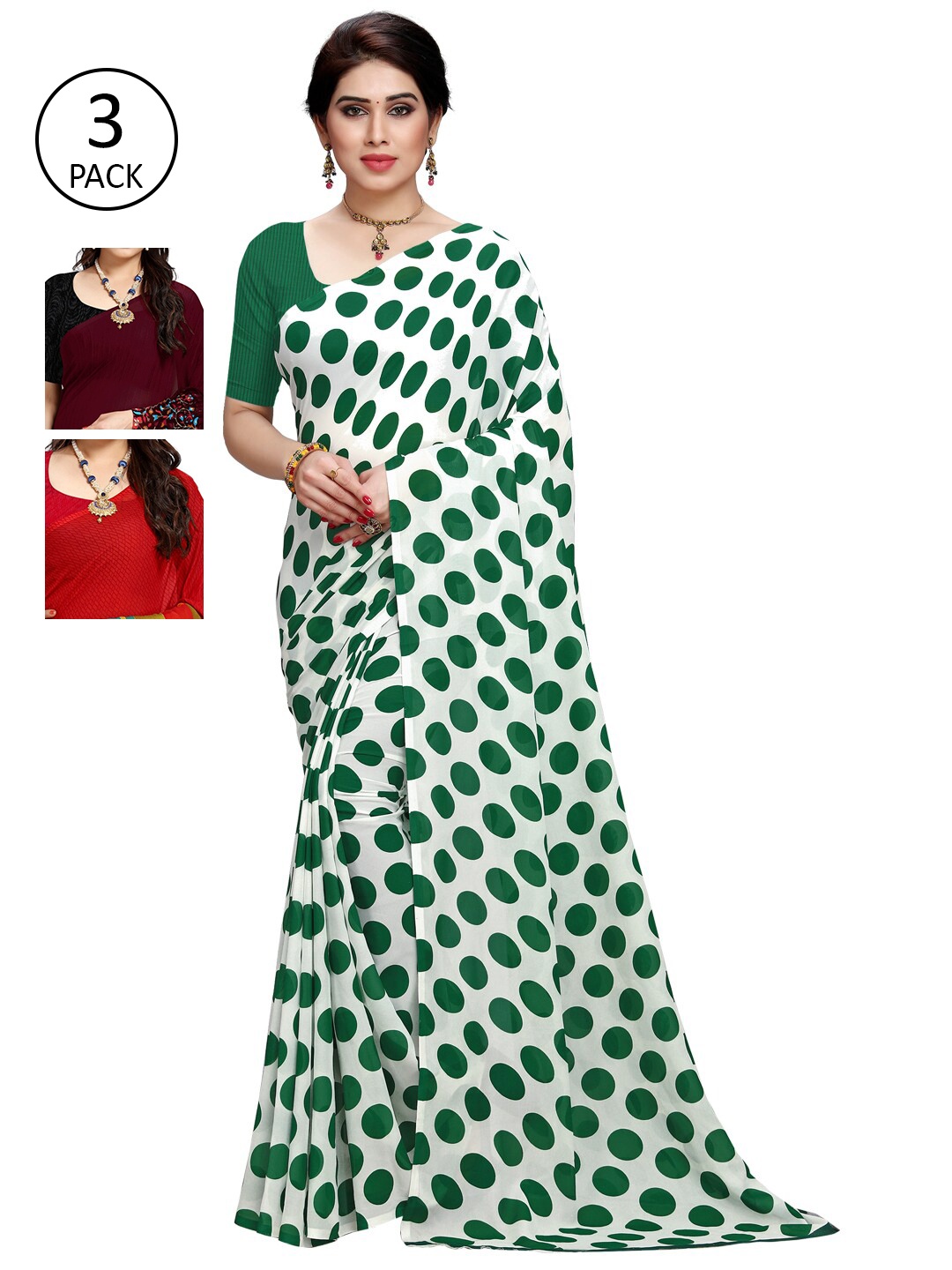 

KALINI Burgundy & Green Pack of 3 Printed Saree