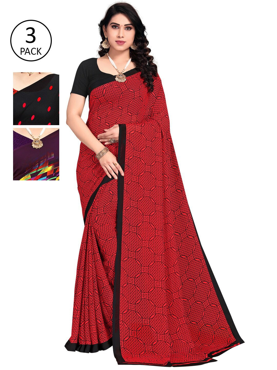 

KALINI Pack of 3 Printed Sarees, Red