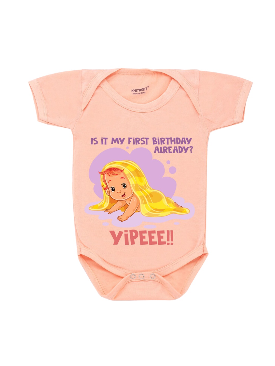 

KNITROOT Infant Baby Cotton Peach-Coloured & Purple Printed Bodysuit