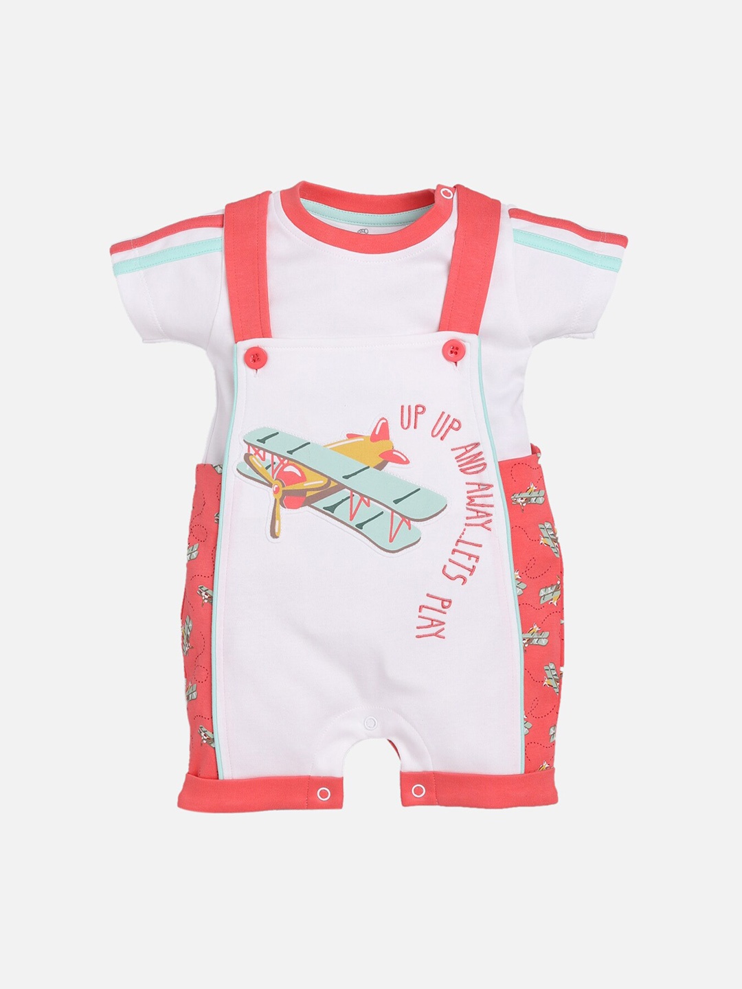 

BABY GO Boys White & Peach-Coloured Printed Cotton Dungaree with T-Shirt