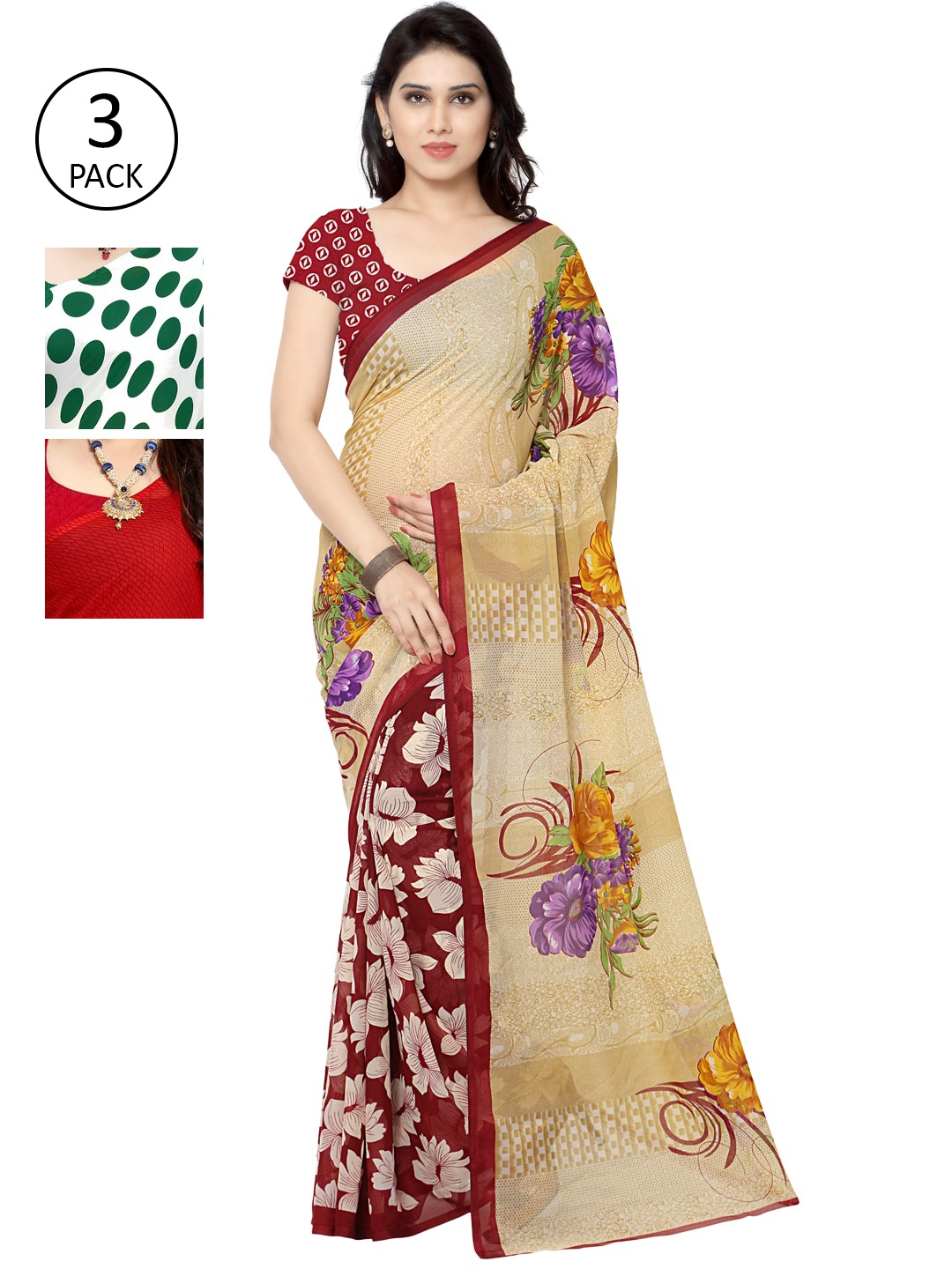

KALINI Women Pack of 3 Printed Poly Georgette Sarees, White