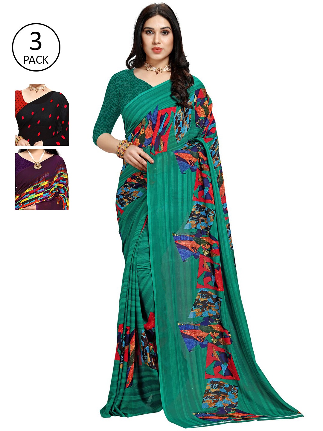 

KALINI Pack of 3 Poly Georgette Sarees, Red