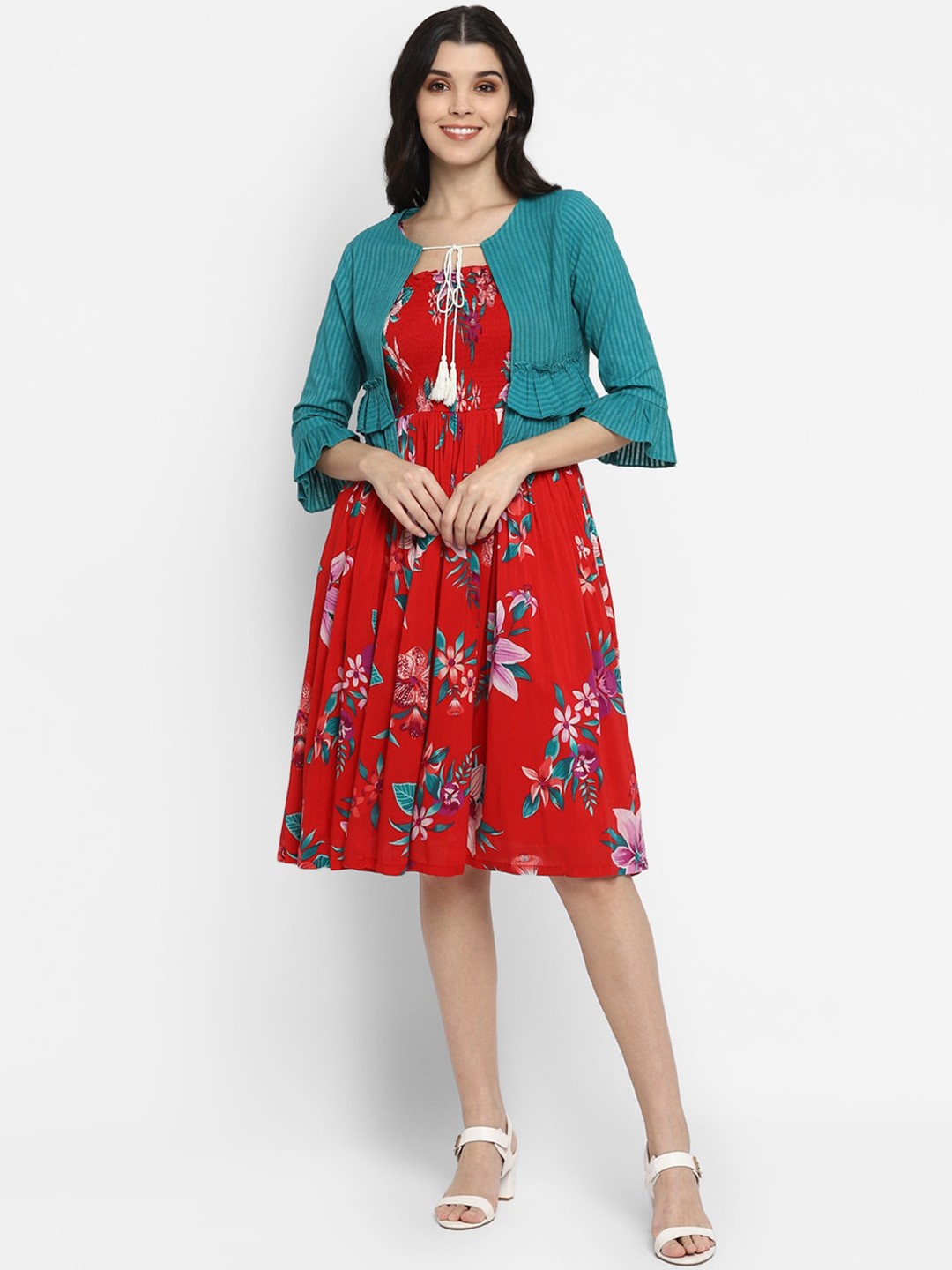 

DEEBACO Red Floral Tie-Up Neck Dress