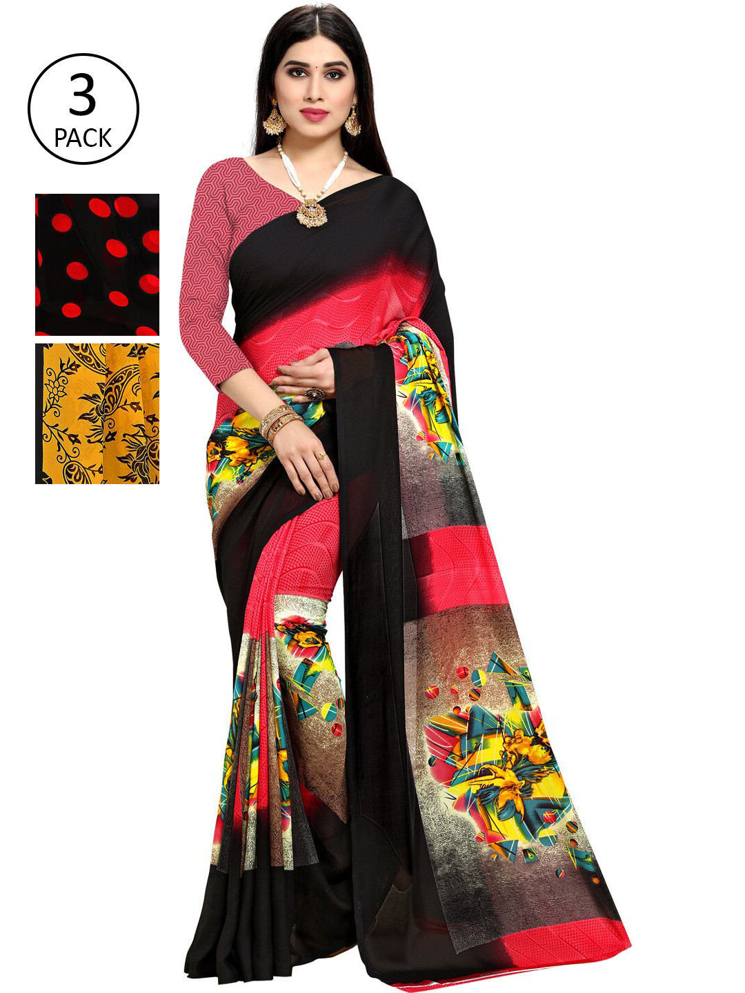

KALINI Pack of 3 Poly Georgette Printed Sarees, Mustard