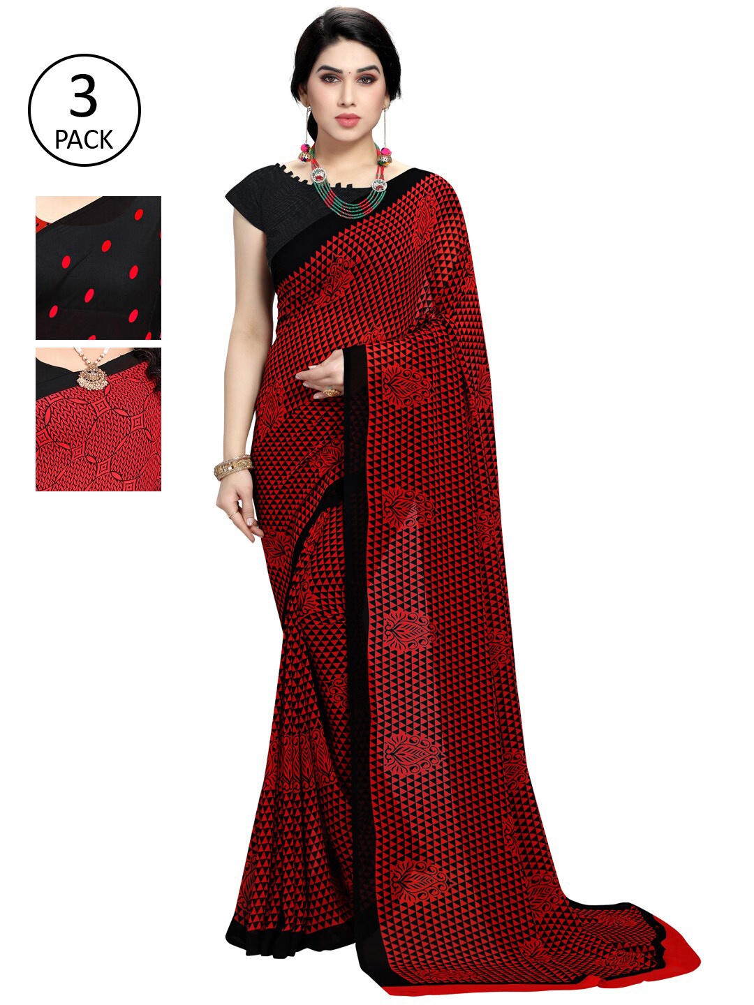 

KALINI Women Pack of 3 Printed Poly Georgette Sarees, Red