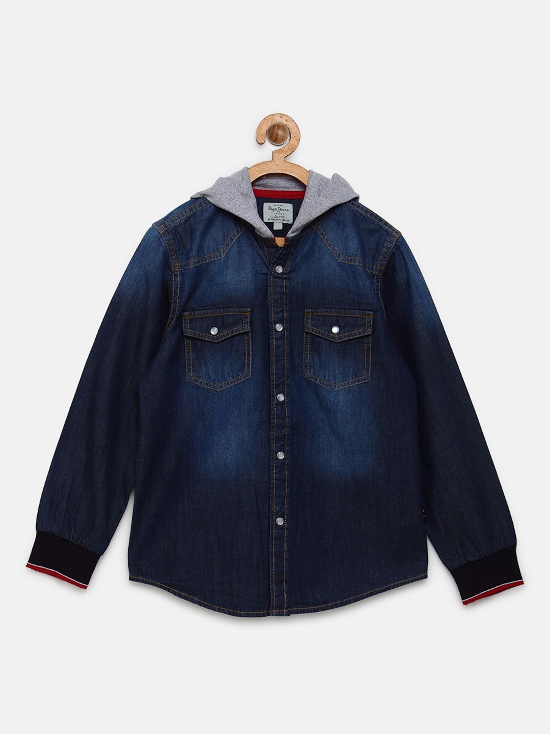 

Pepe Jeans Boys Blue Faded Pure Cotton Hooded Denim Casual Shirt