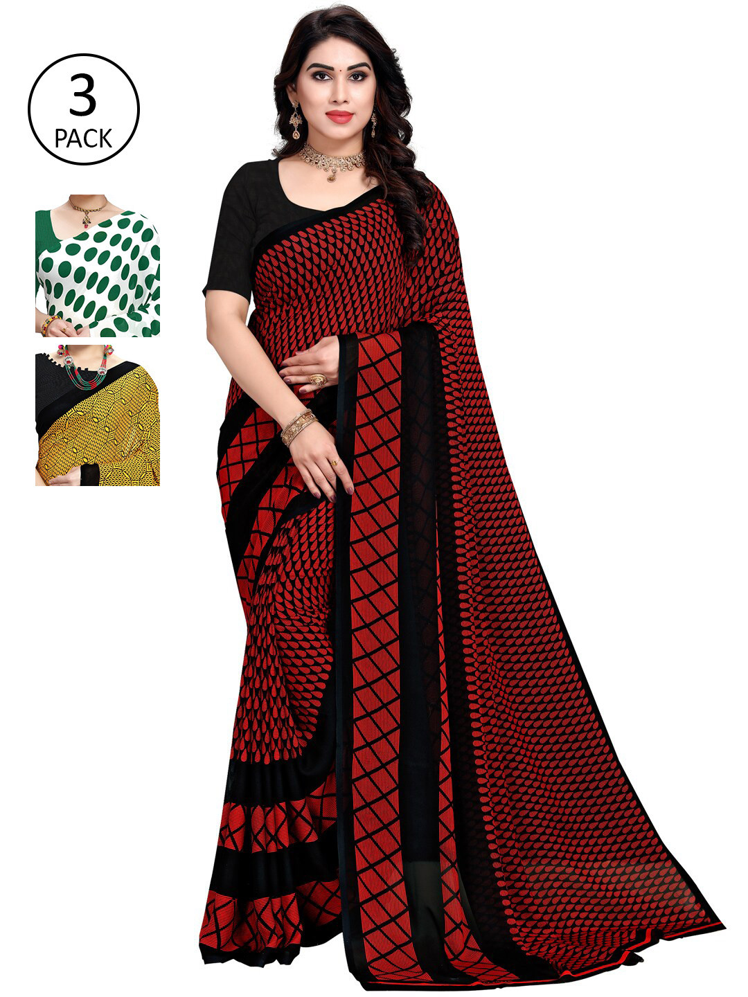 

KALINI Women Pack of 3 Printed Poly Georgette Sarees, White