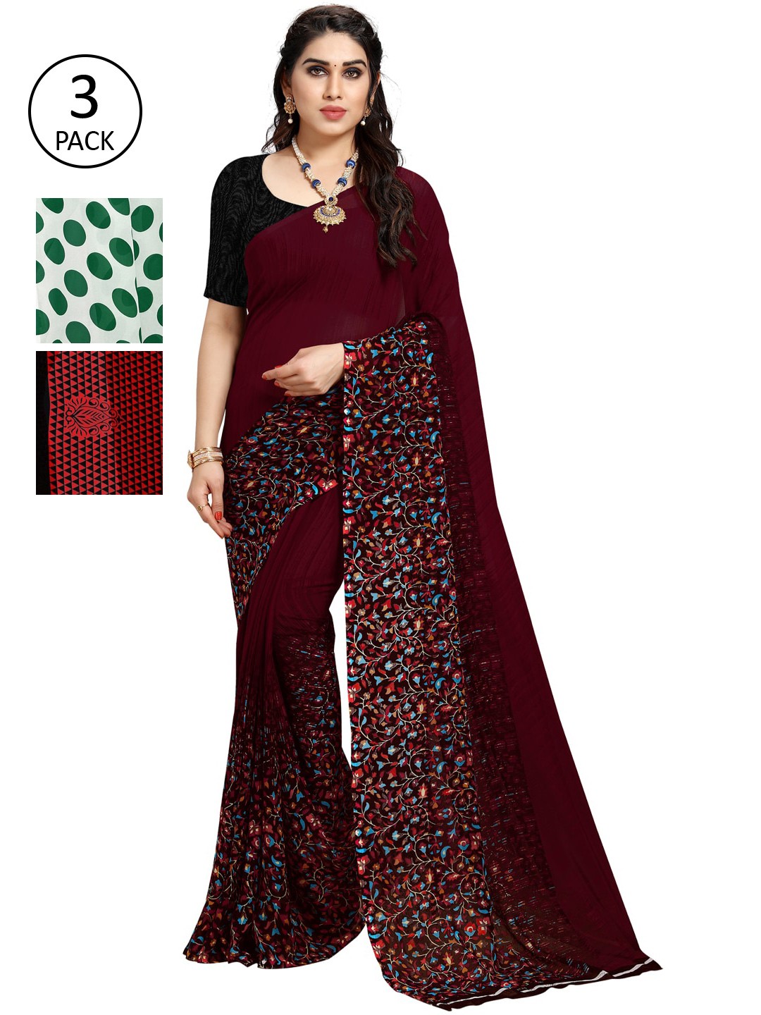 

KALINI Pack of 3 Poly Georgette Sarees, White
