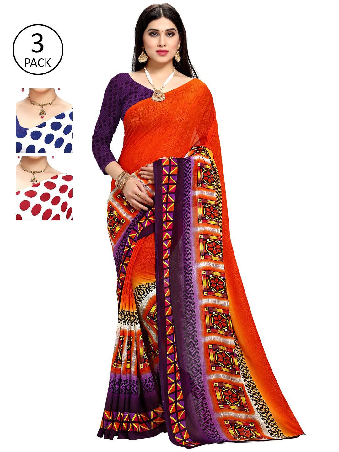 

KALINI Pack of 3 Printed Poly Georgette Saree, Multi