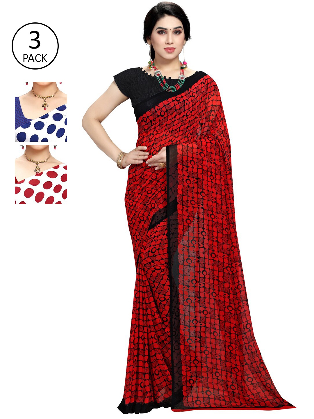 

KALINI Multicoloured Set of 3 Poly Georgette Saree, Multi