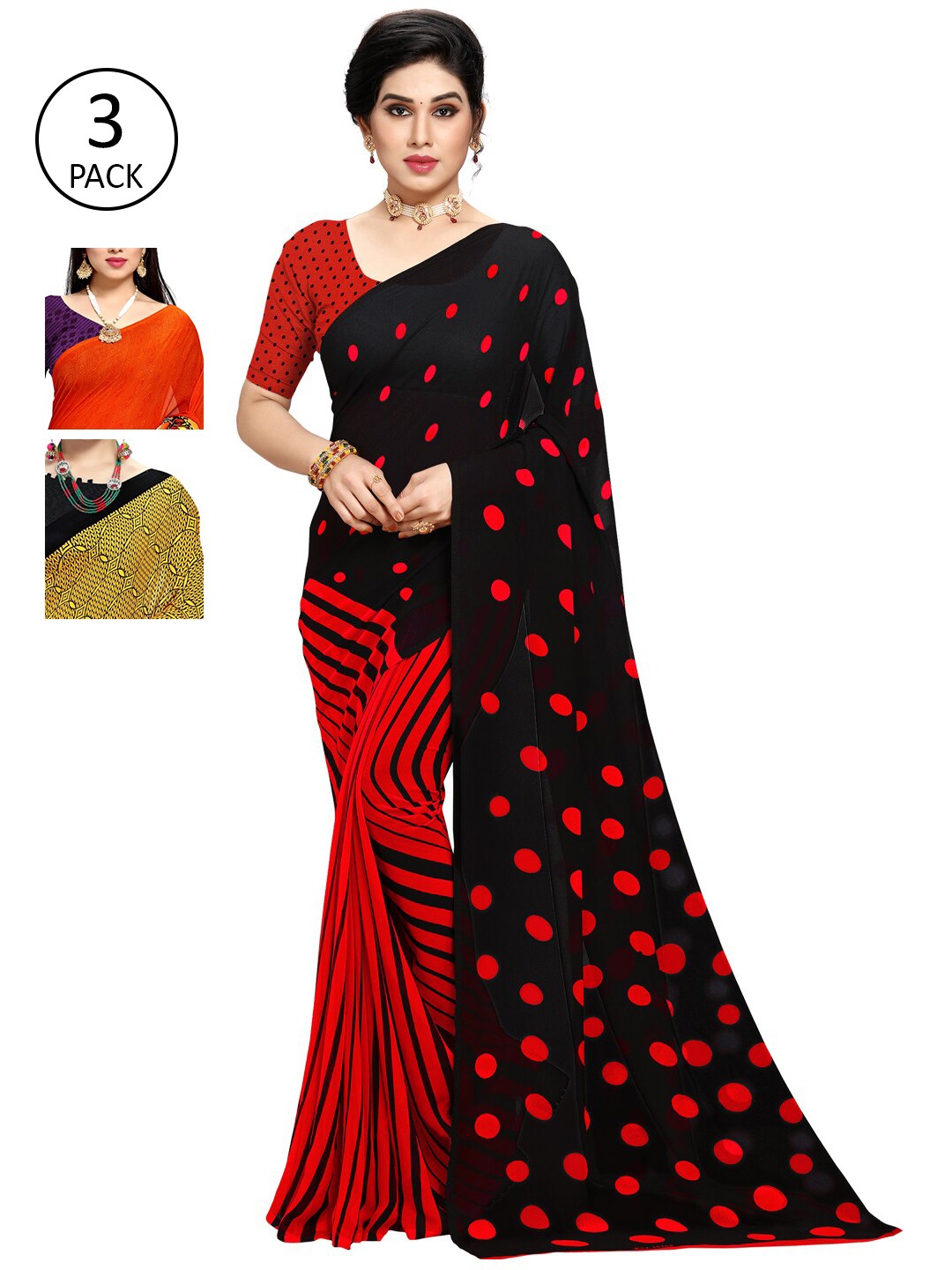 

KALINI Women Pack of 3 Printed Sarees, Black