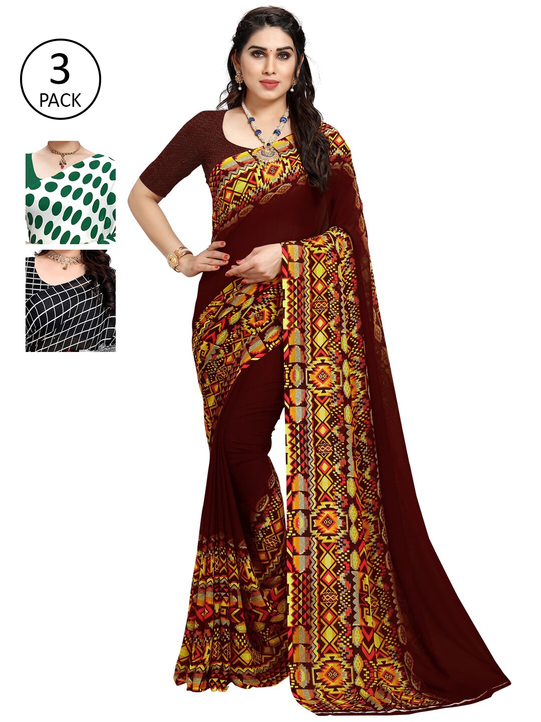 

KALINI Pack Of 3 Poly Georgette Printed Sarees, Maroon