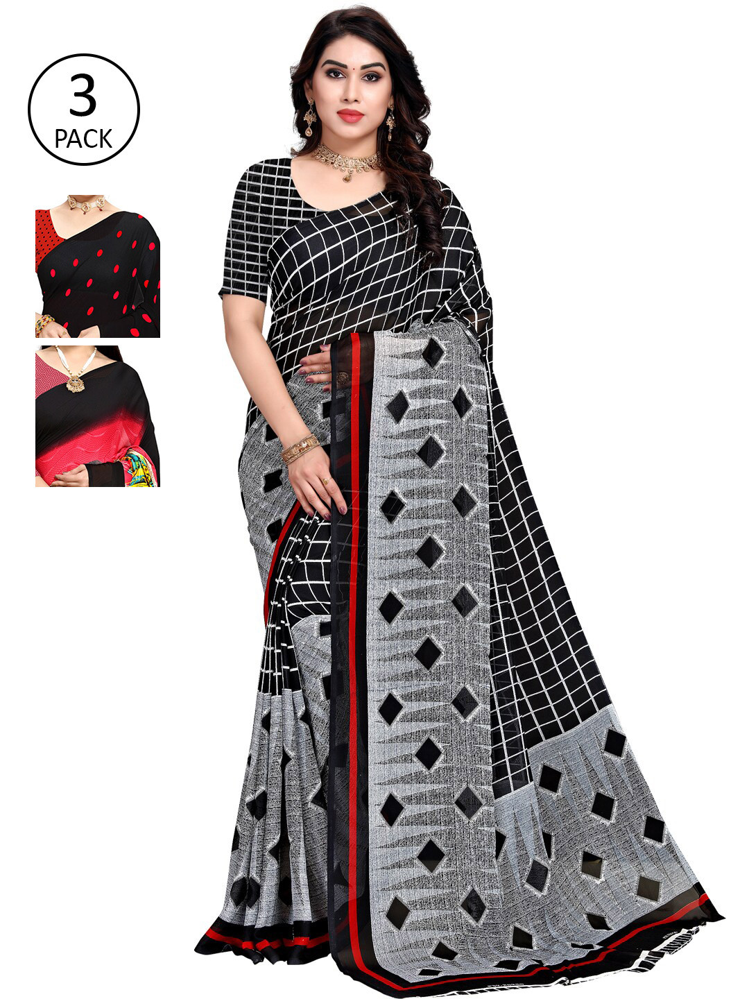 

ANAND SAREES Red & Black Pack of 3 Printed Saree