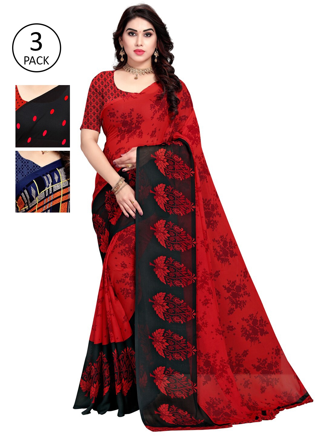 KALINI Pack of 3 Poly Georgette Printed Sarees, Navy blue
