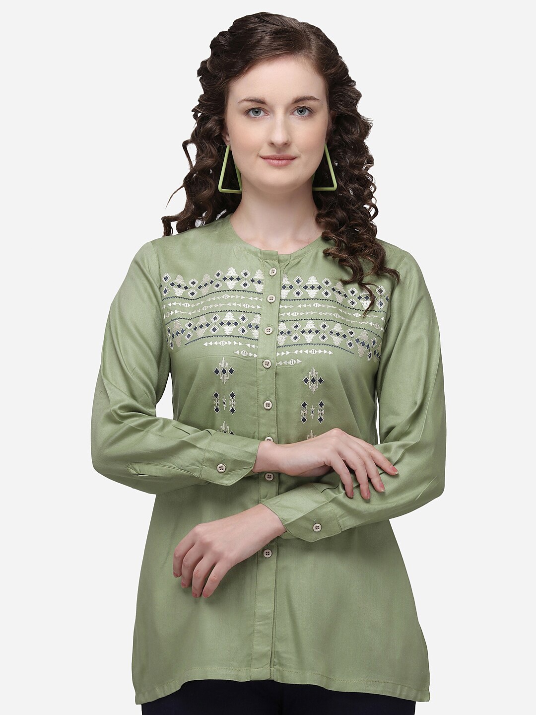 

RAISIN Olive Green & White Viscose Rayon Mandarin Collar Embroidered Tunic