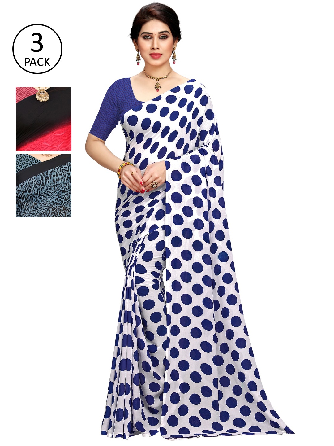 KALINI Blue & White Zari Pack of 3 Saree