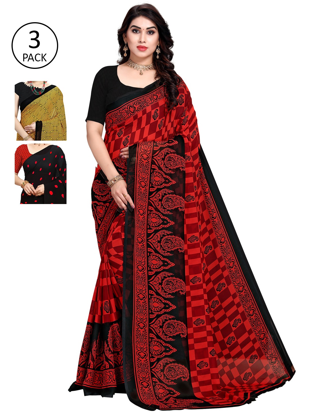 

KALINI Pack of 3 Printed Poly Georgette Saree, Multi