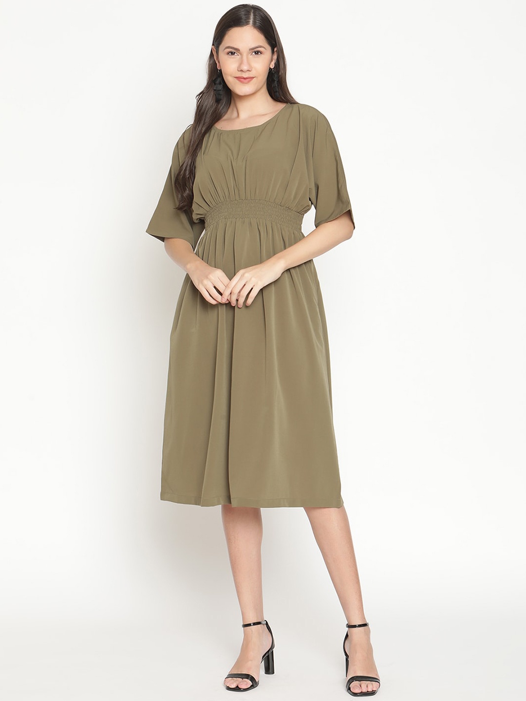 

THREAD MUSTER Olive Green Smocked Dress