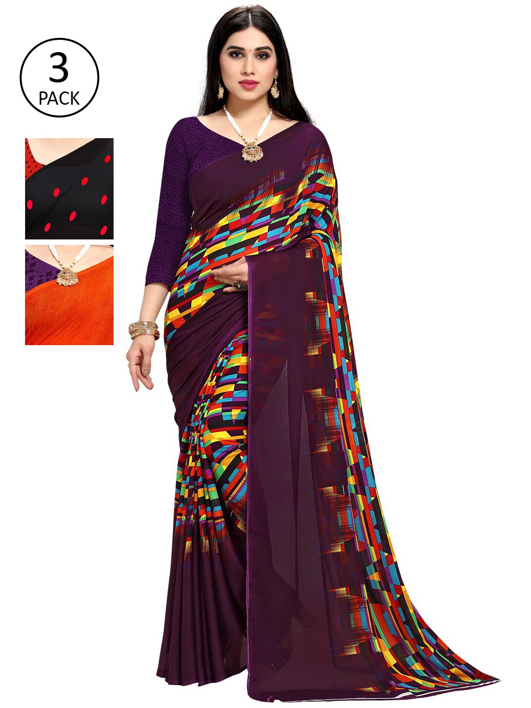 

KALINI Women Pack of 3 Printed Sarees, Red