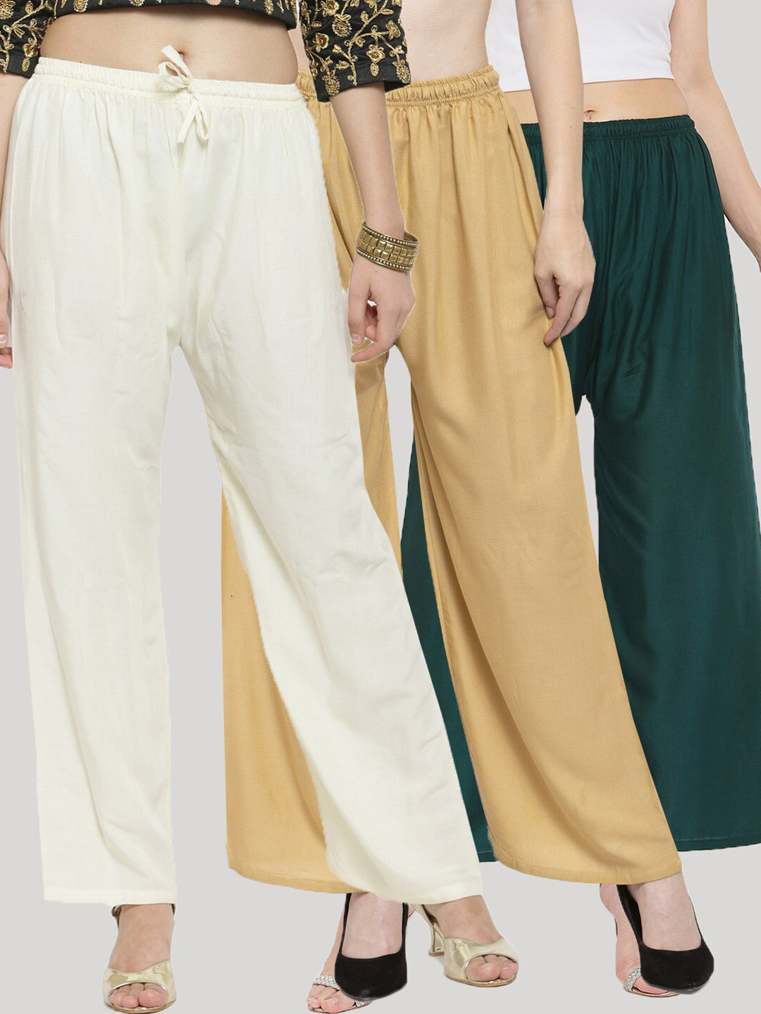

Clora Creation Women Pack of 3 Knitted Palazzos, Off white