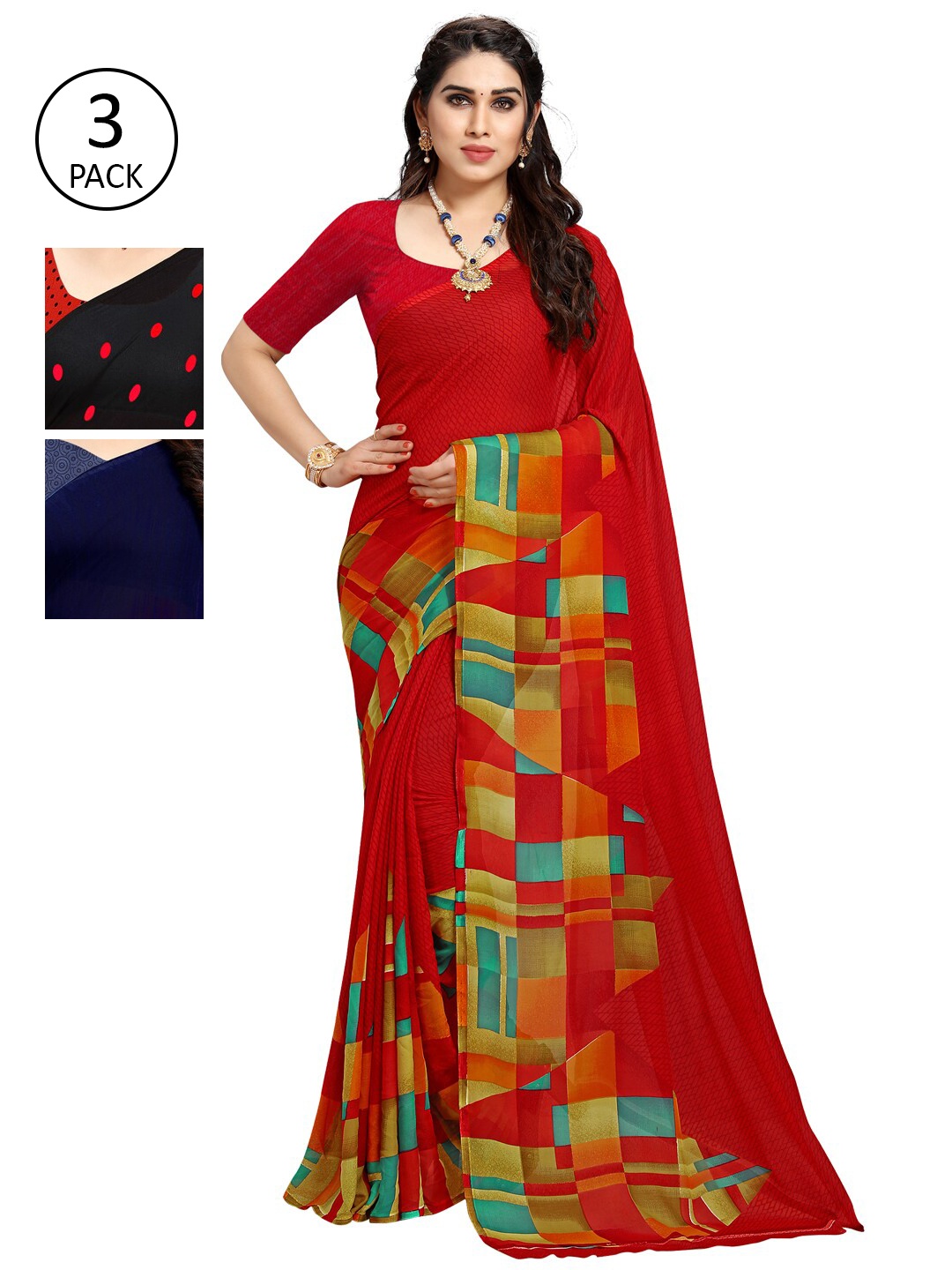 

KALINI Pack Of 3 Black & Red Saree