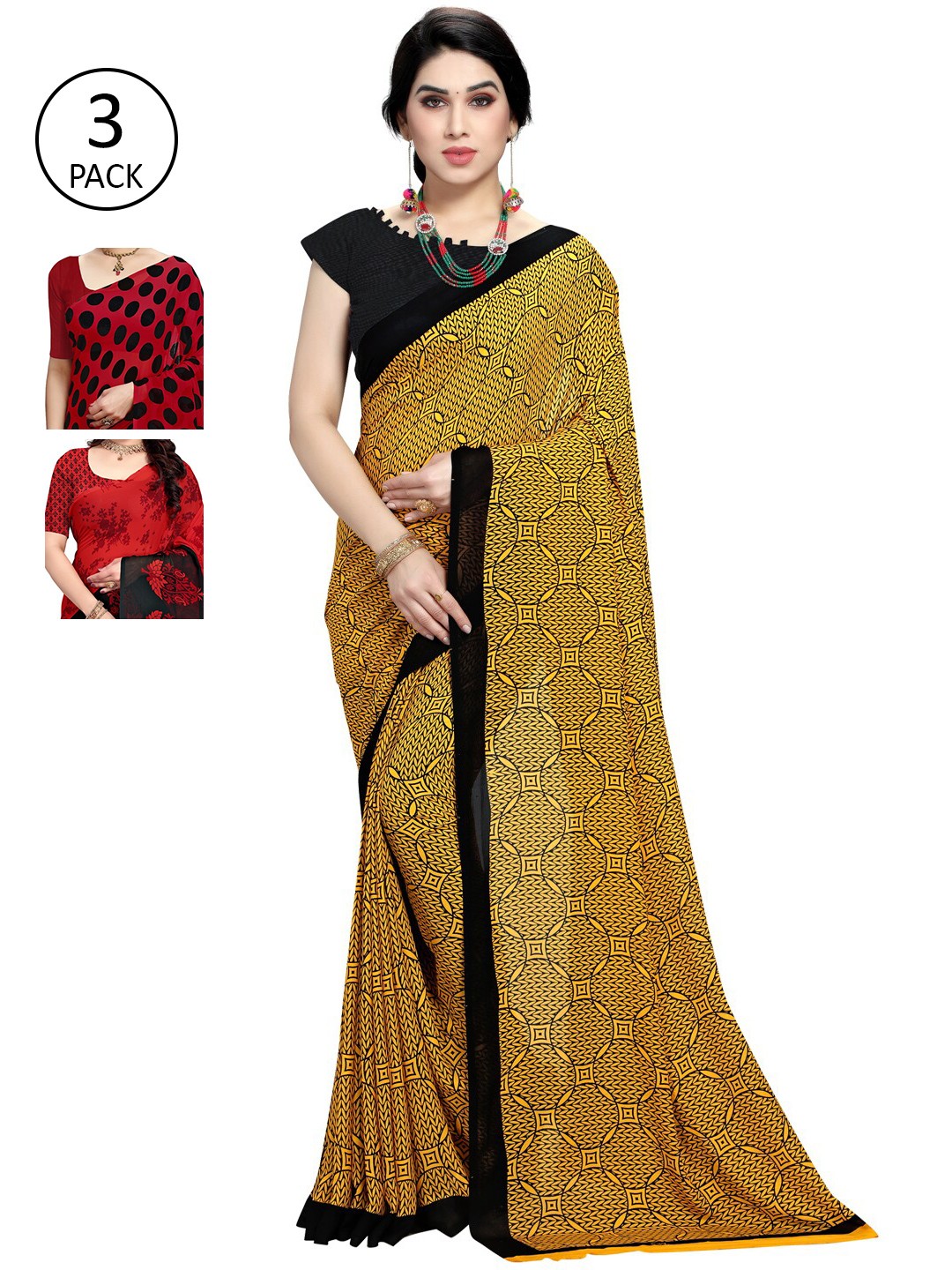 

KALINI Pack of 3 Printed Poly Georgette Saree, Red