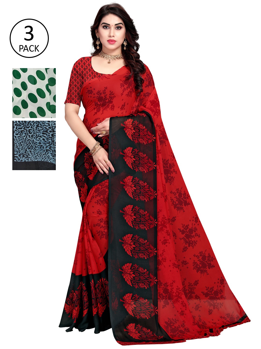 

KALINI Women Pack of 3 Printed Poly Georgette Sarees, White