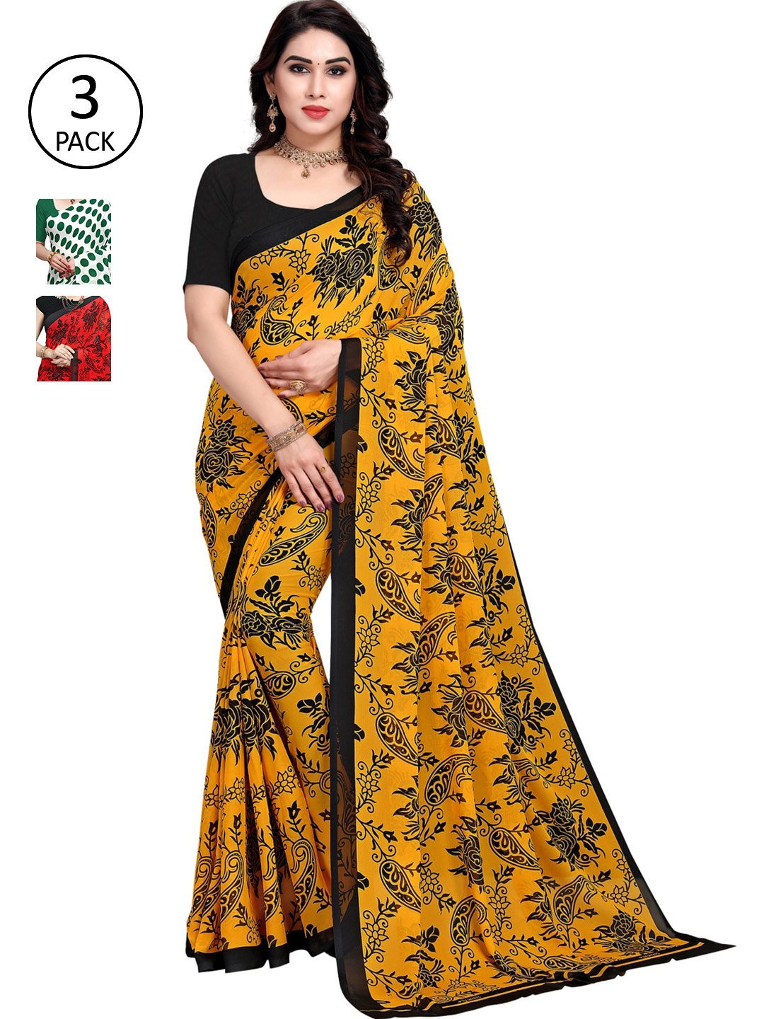 

KALINI Women Pack of 3 Printed Poly Georgette Sarees, White