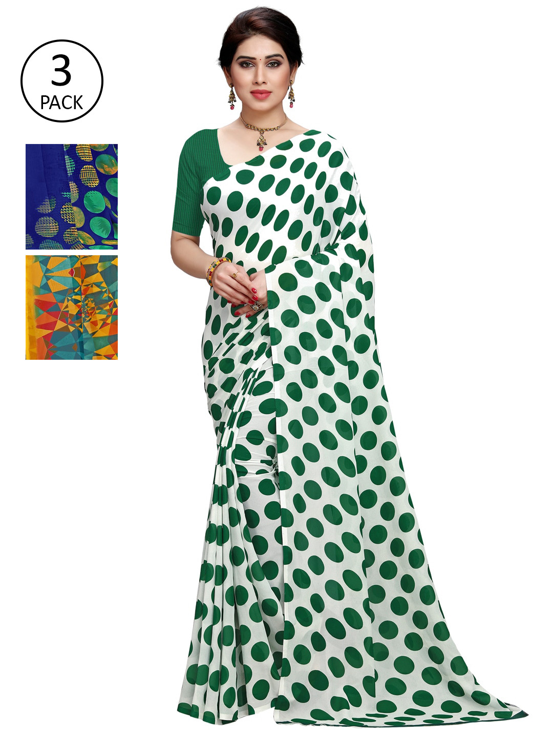 

KALINI Pack Of 3 Poly Georgette Sarees, White