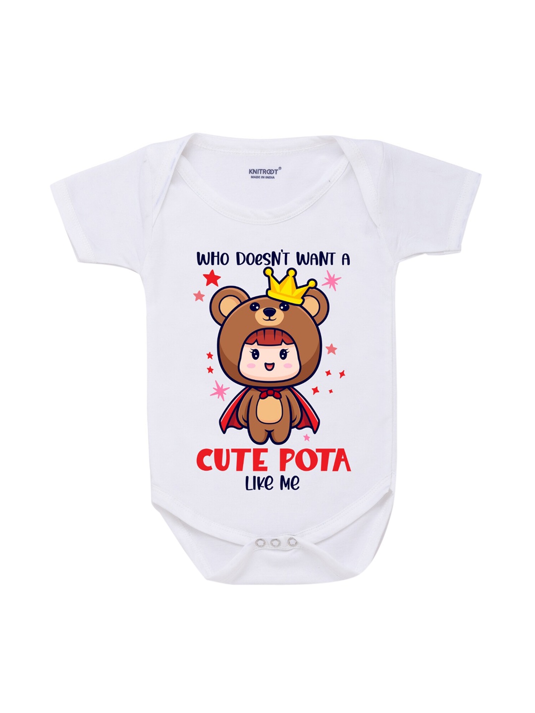 

KNITROOT Infant Kids White & Brown Printed Bodysuit