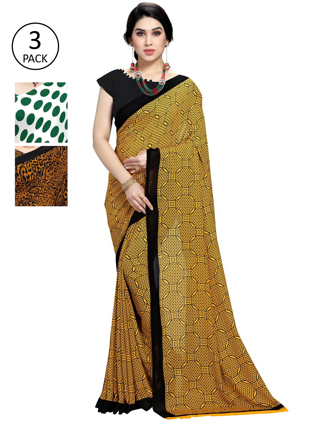 

KALINI Women Pack of 3 Printed Poly Georgette Sarees, Yellow
